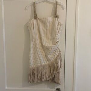 Just Bee Queen Cream Striped Fringe Mini Dress